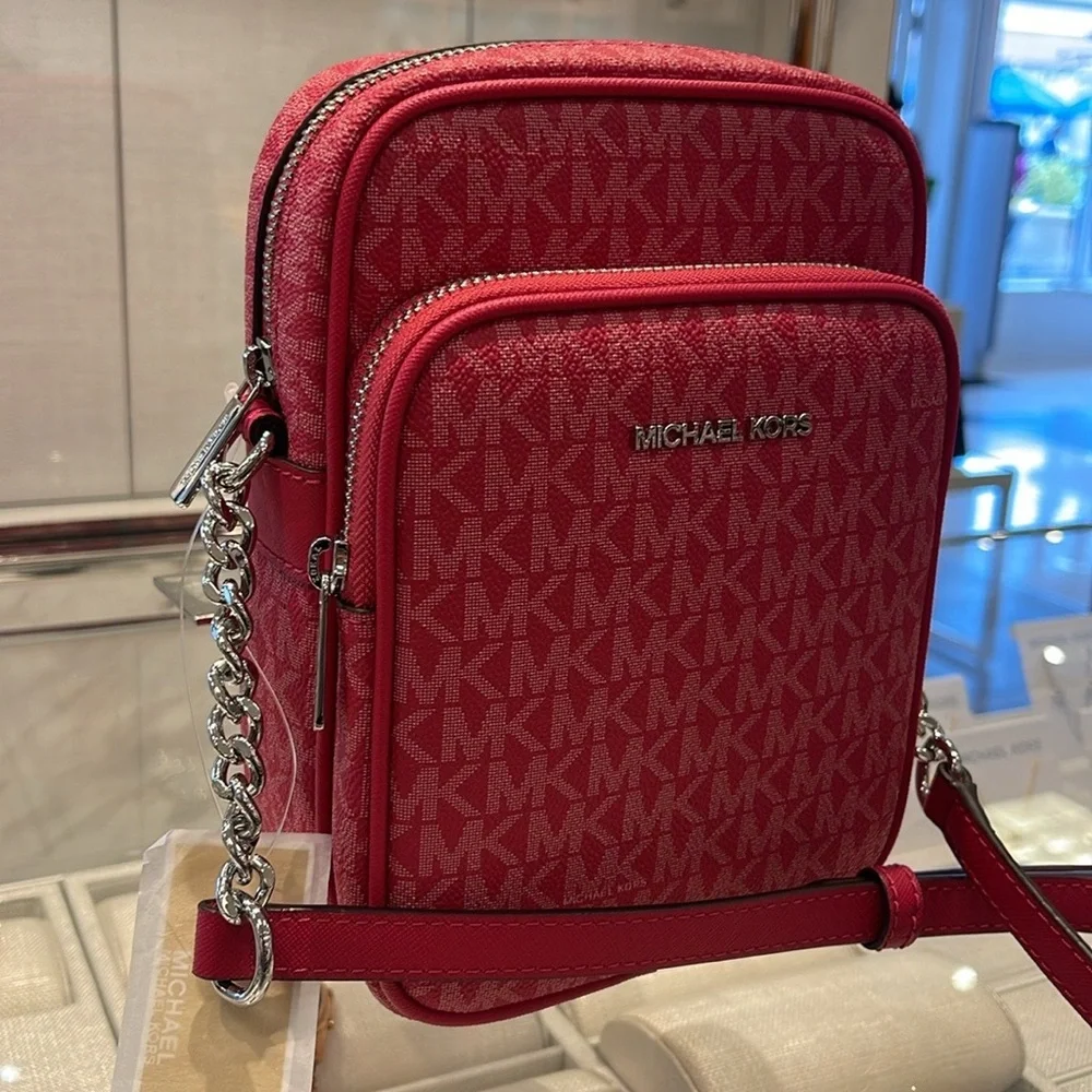MICHAEL KORS Jet Set Travel Md Signature Logo Crossbody Flight Bag DK RASPBERRY